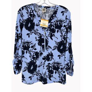 Anne Klein Size S Floral Split Neck Blouse Navy Light Blue Button Tab Sleeve New